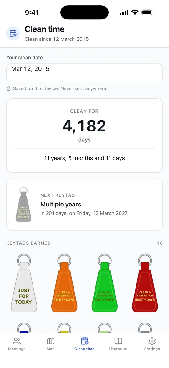 A clean time count in days and years, with the keytags earned so far and the next one due.