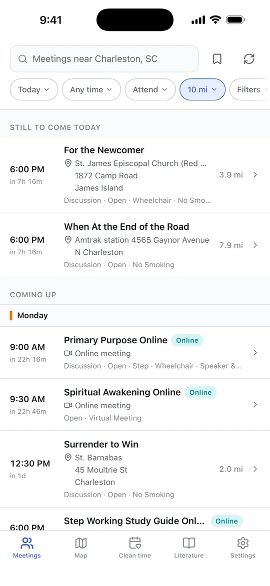 The meetings list, showing what is starting soonest nearby with a countdown and the distance to each one.