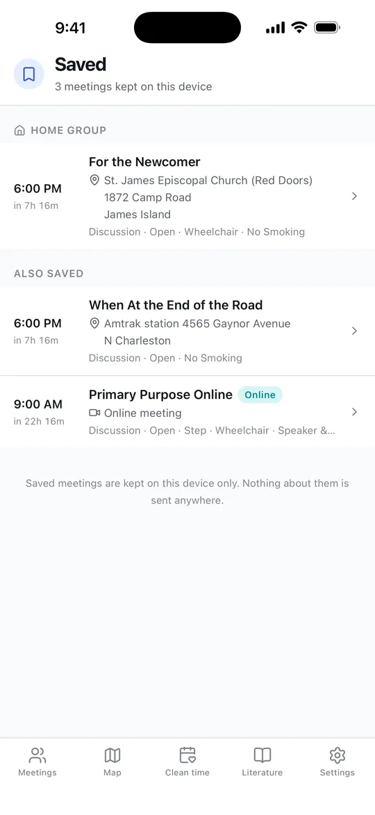 Meetings kept on a saved screen, with one marked as a home group at the top.